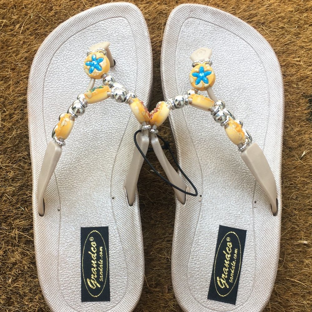 Champagne Embellished Starfish Thong/Flip Flops  Size 7- Grandco Sandals